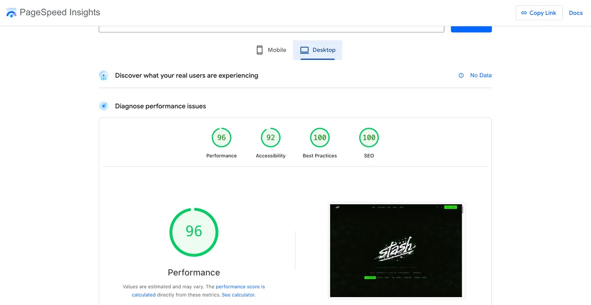 ผล PageSpeed Insights 96 / 92 / 100 / 100 ของ stashbkk.co